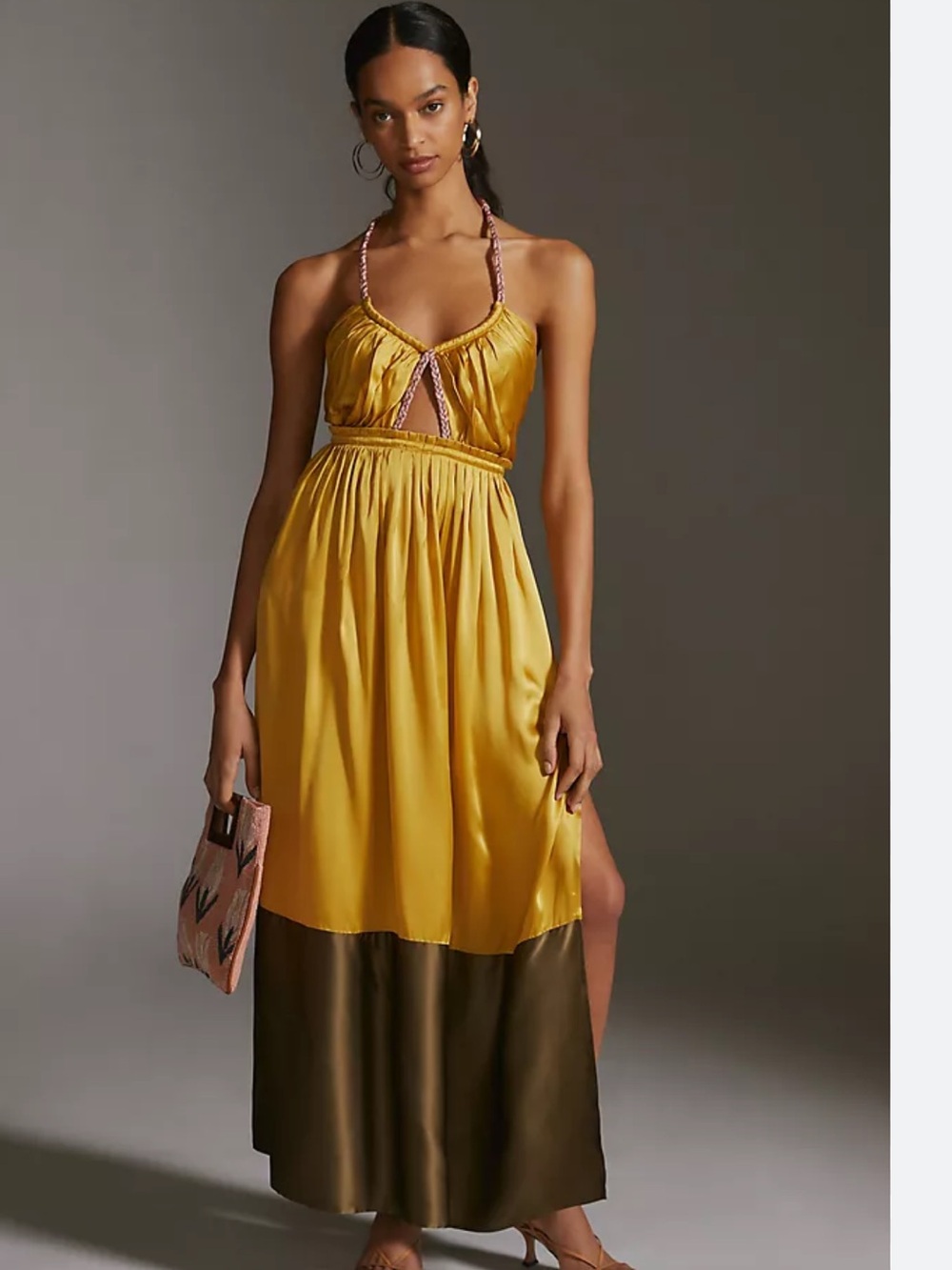 Anthropologie Mustard Yellow and Olive Colorblock Halter Maxi Dress silk